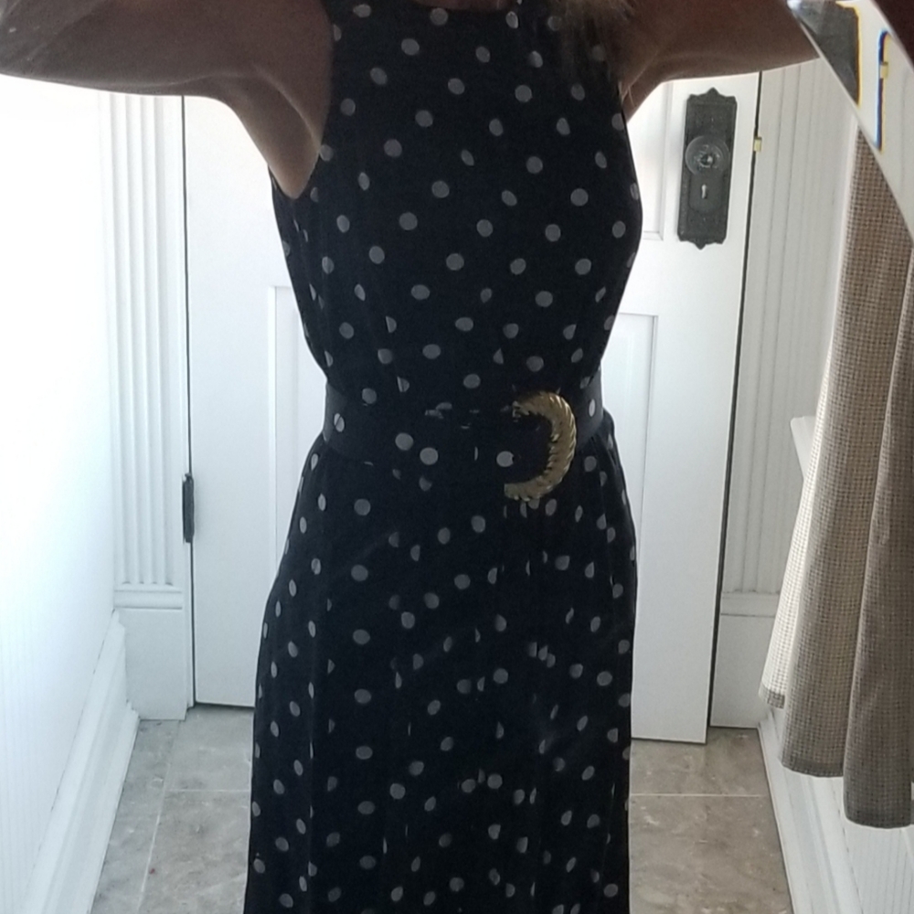 Blue polka dot dress.